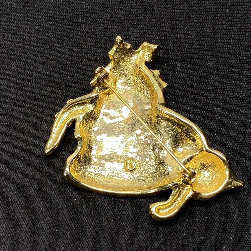 Gold Tone Enamel‎ Christmas Brooch Pin Green Red Cat Holly Christmas Festive Pin